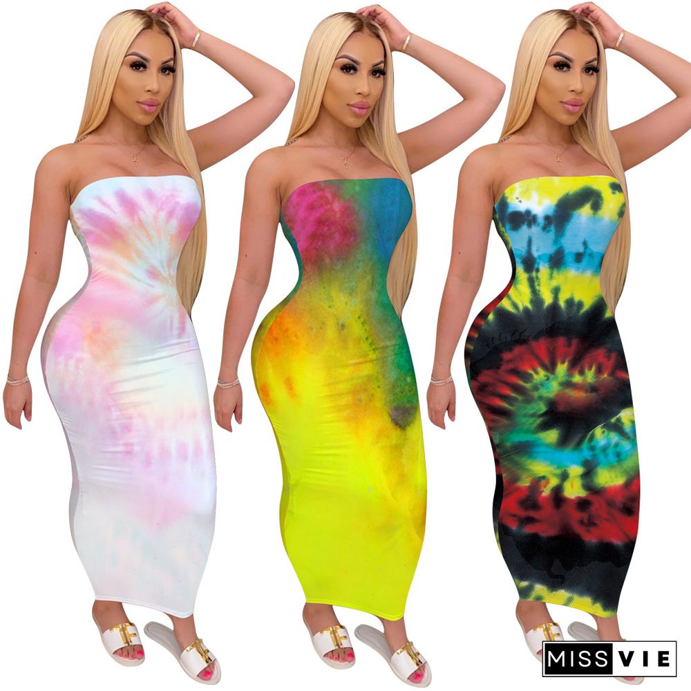 Sexy Strapless Digital Print Sleeveless Maxi Dress