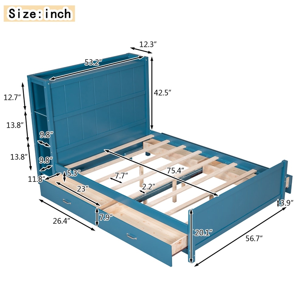 Full Size Platform Bed with Drawers and Storage Shelves  Gray