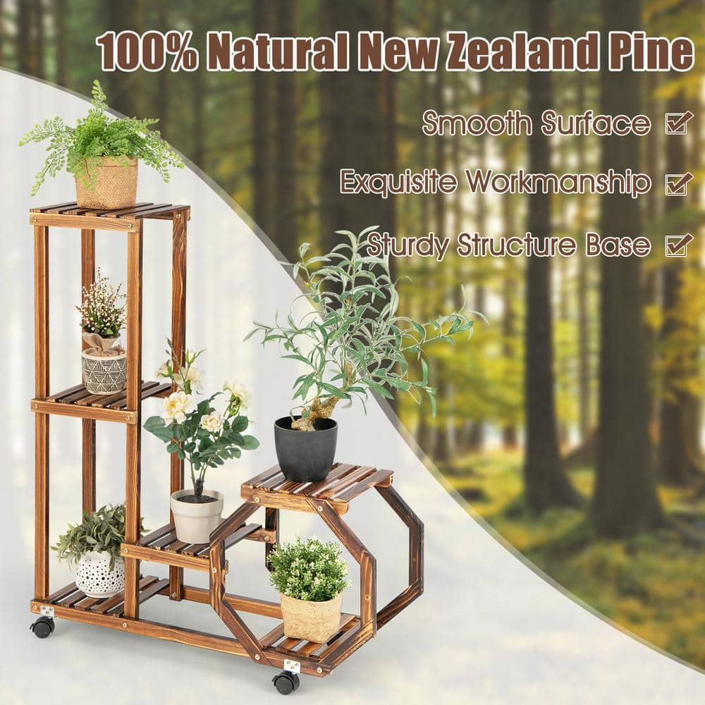 HONEY JOY 6 Potted Plant Stand Rack 100% Pine Wood Flower Pot Holder Shelf Multi-Layer Flower Stand Wheels (6-Tier) TOPB006548