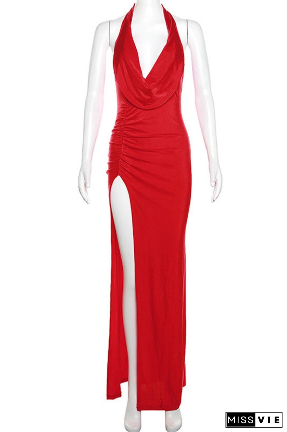 Red Sexy Solid Backless Slit Halter Long Dress Dresses