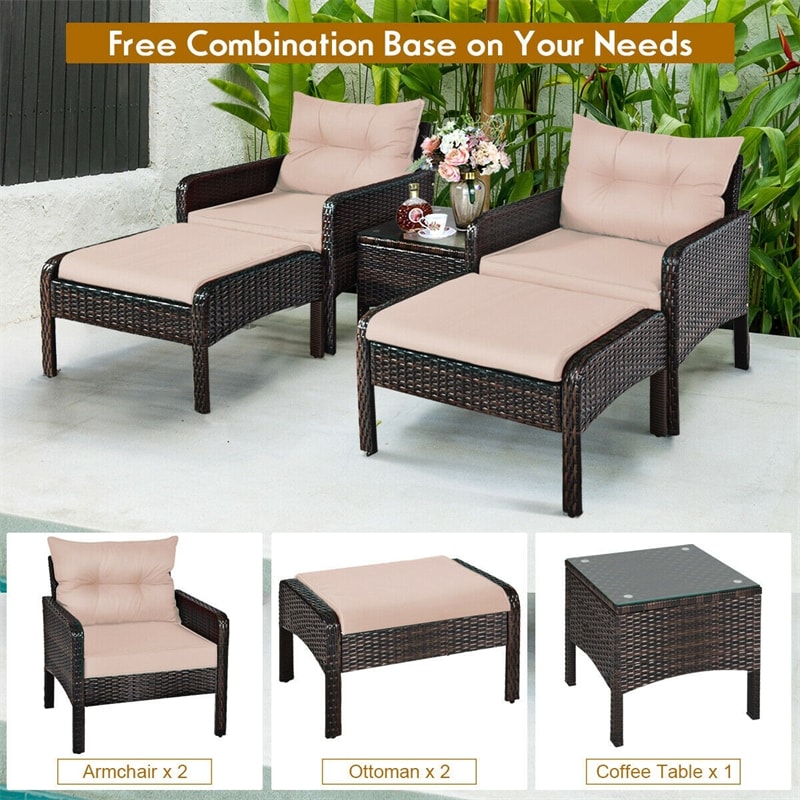 5 Pcs Rattan Patio Conversation Sets with Ottomans & Coffee Table, Wicker Outdoor Bistro Set