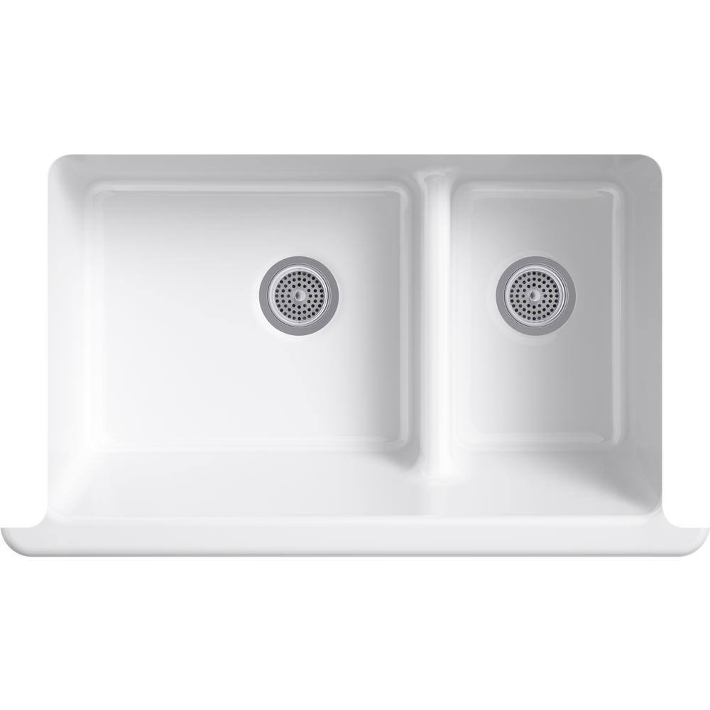 KOHLER Whitehaven SmartDivide Undermount Farmhouse Tall Apron Front 36 in. Double Bowl Kitchen Sink White with Basin Racks K-6427-0-5828-ST-5874-ST