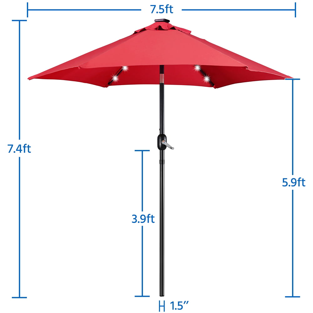 Topeakmart 7.5ft LED Patio Market Umbrella with 18 LED Solar Lights + 26.5lb 18'' Patio Umbrella Base, Red