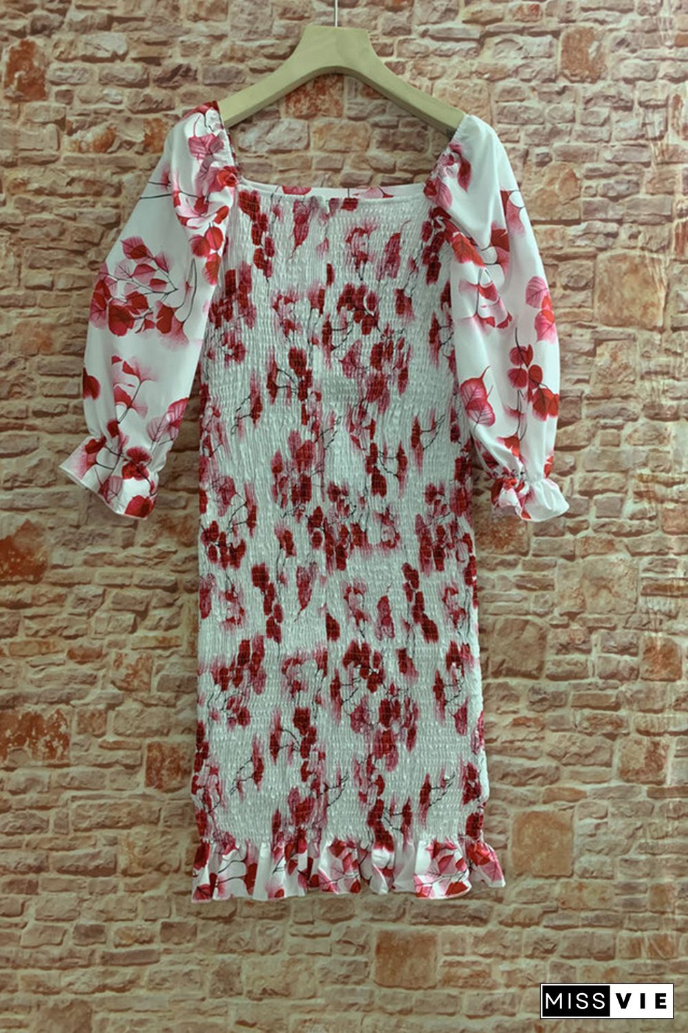 Square Neck Puff Sleeves Floral Slim Dress