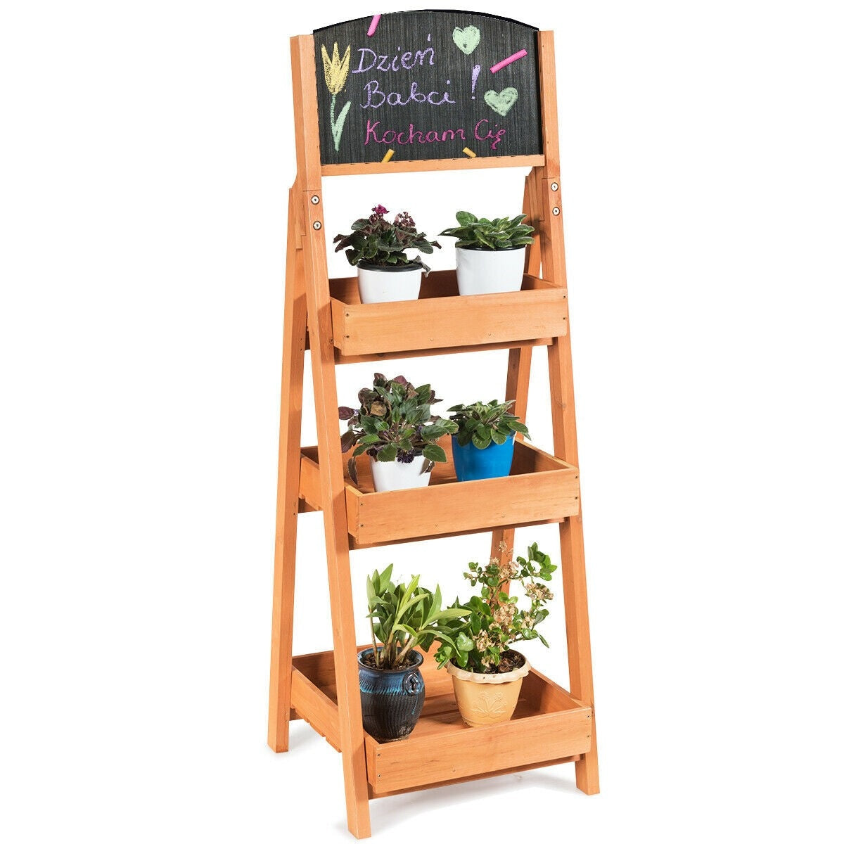 Freestanding Wooden Chalkboard Sign Plant Stand with 3-Tier Display Shelf