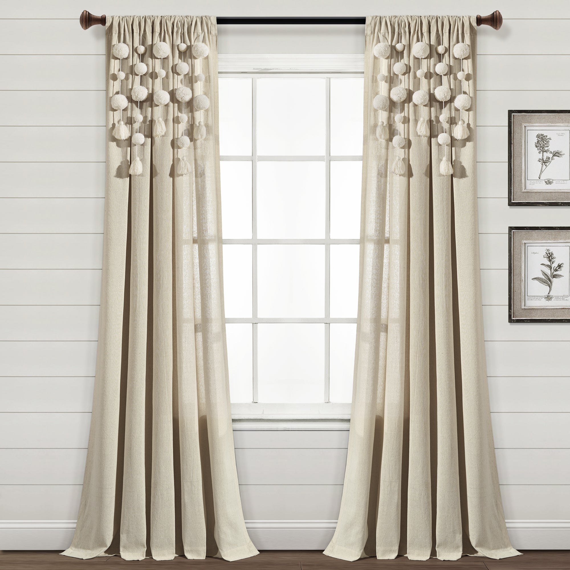 Boho Pom Pom Tassel Faux Linen Window Curtain Panel