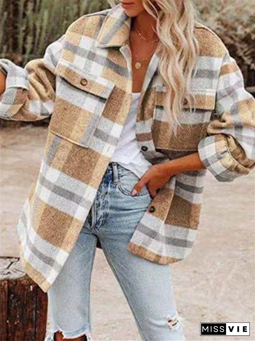 Long Sleeve Lapel Loose Plaid Wool Coat