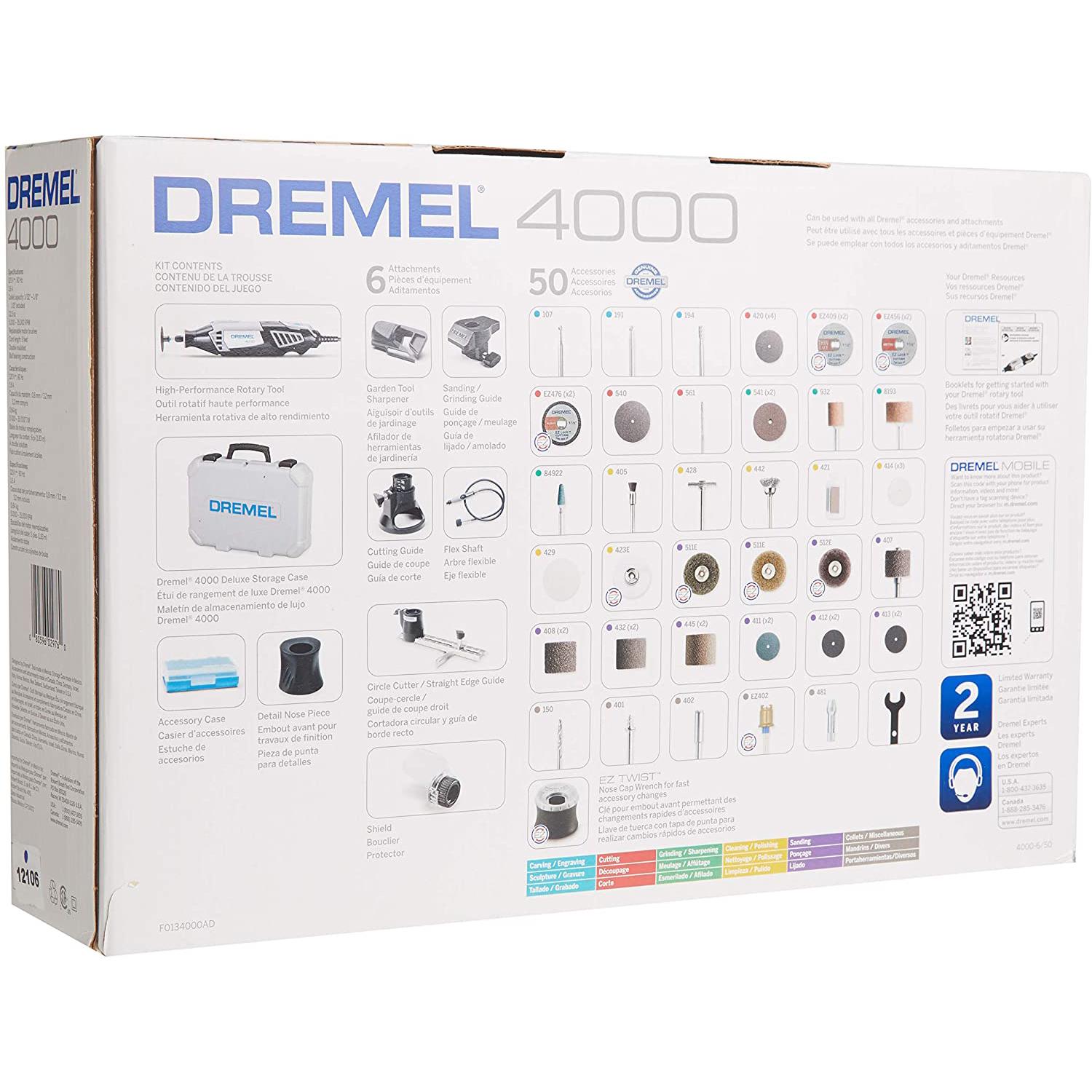 Dremel 4000-6/50 High Performance Rotary Tool Kit with Carrying Case， 6 Attachments， and 50 Accessories， Perfect for Routing， Cutting， Wood Carving