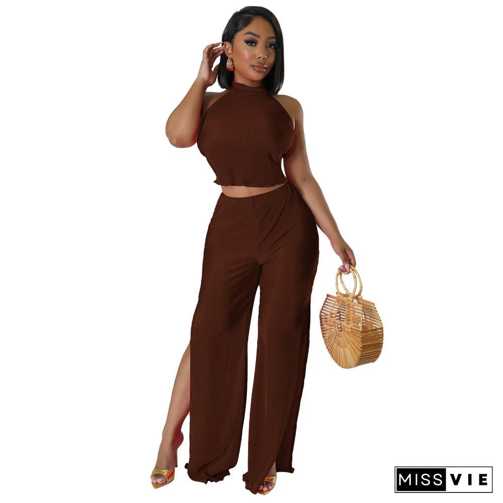 Halter Backless Crop Tops Wide Leg Pants Set