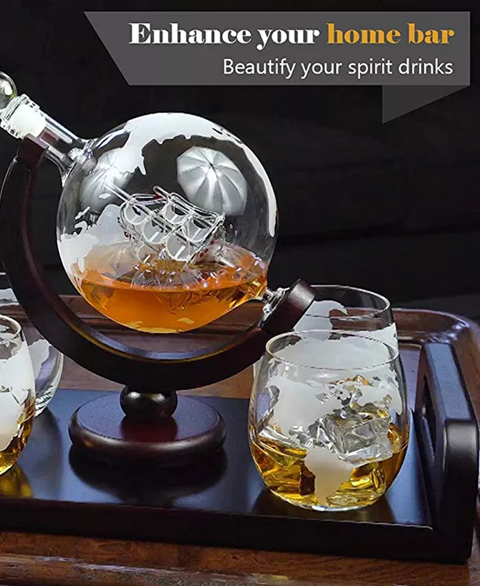 Bezrat Globe Whisky Decanter Gift Set with Glasses and Tray 6 Pieces