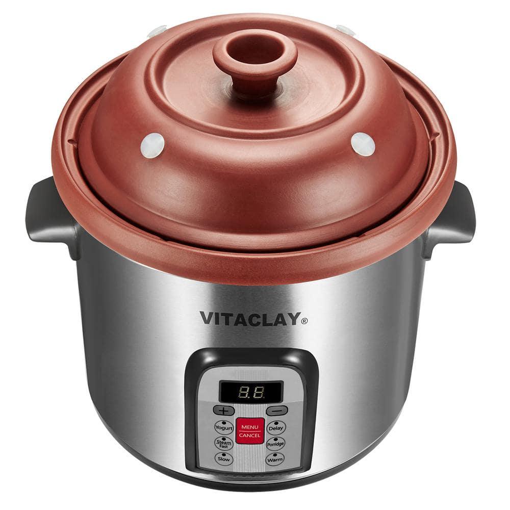 VITACLAY 6 QtElectric Organic Clay Soup Broth Cooker QuickSlow Cooker Steamer and Yogurt Maker in Stainless Steel Housing