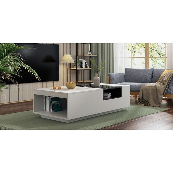 Dalxo Furniture of America Contemporary White 47-inch 3-Shelf Coffee Table with Glass Cover - Modern Living Room Furniture