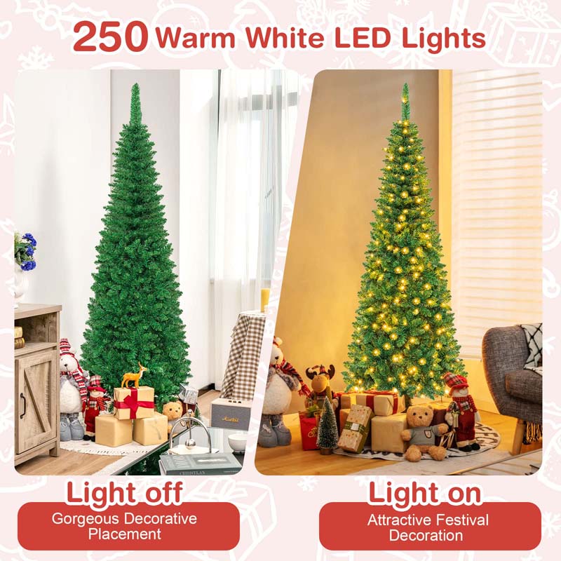 4.5/6.5/7.5FT Pre-Lit Artificial Slim Pencil Christmas Tree with Hinged Branch Tips, LED Lights & Solid Metal Stand