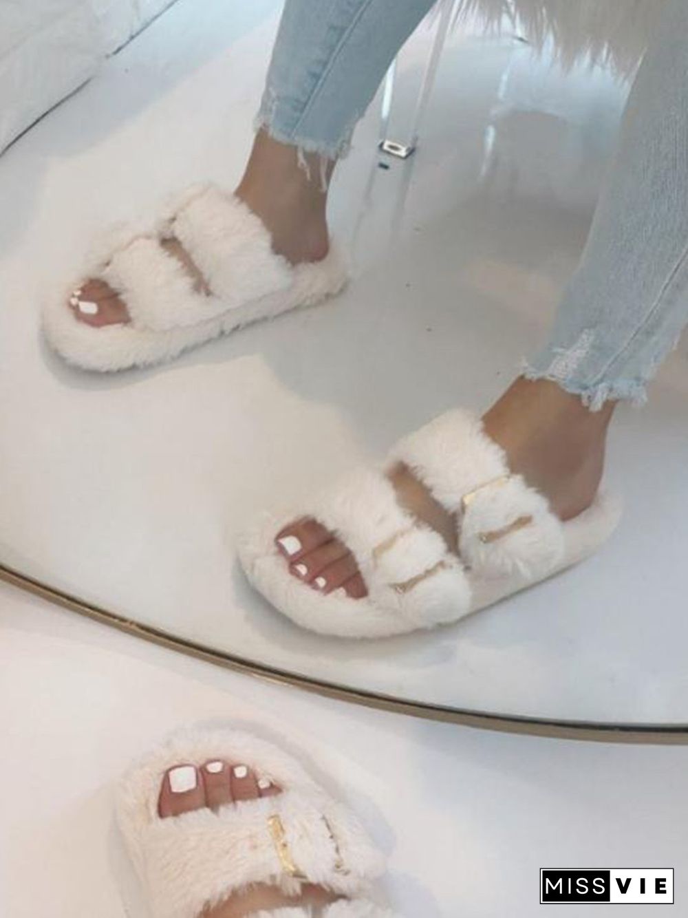 Casual Buckle Furry Slippers