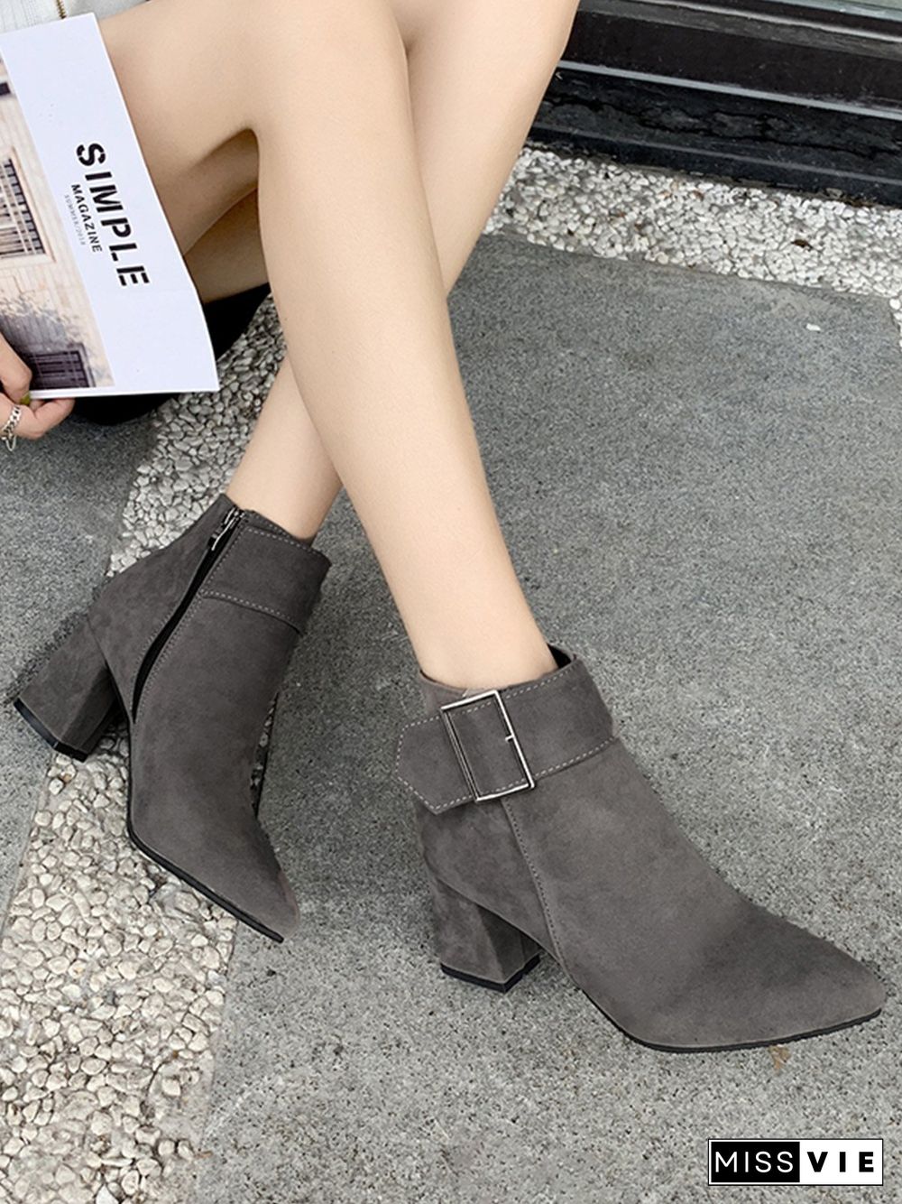 Chunky Heel Buckle Pointed-Toe Suede Martin Boots