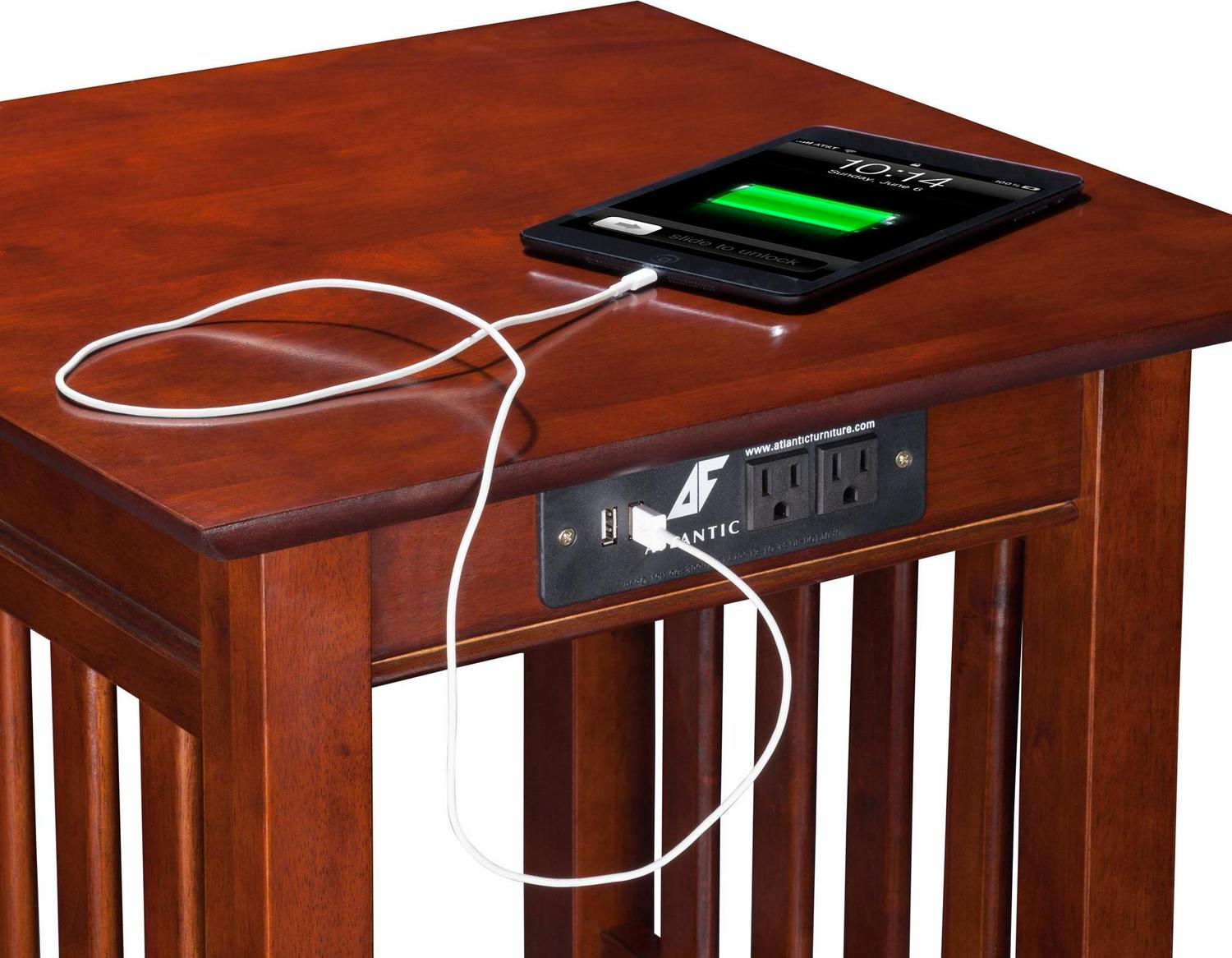 Mission End Table with Charging Station in Walnut or Caramel