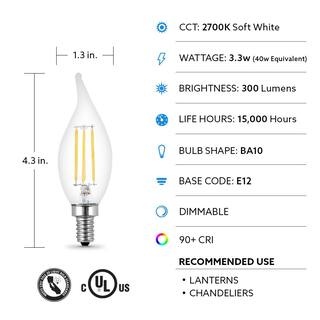 Feit Electric 40-Watt Equivalent BA10 E12 Candelabra Dimmable Filament CEC Clear Chandelier LED Light Bulb Soft White 2700K (4-Pack) BPCFC40927CAFIL4RP