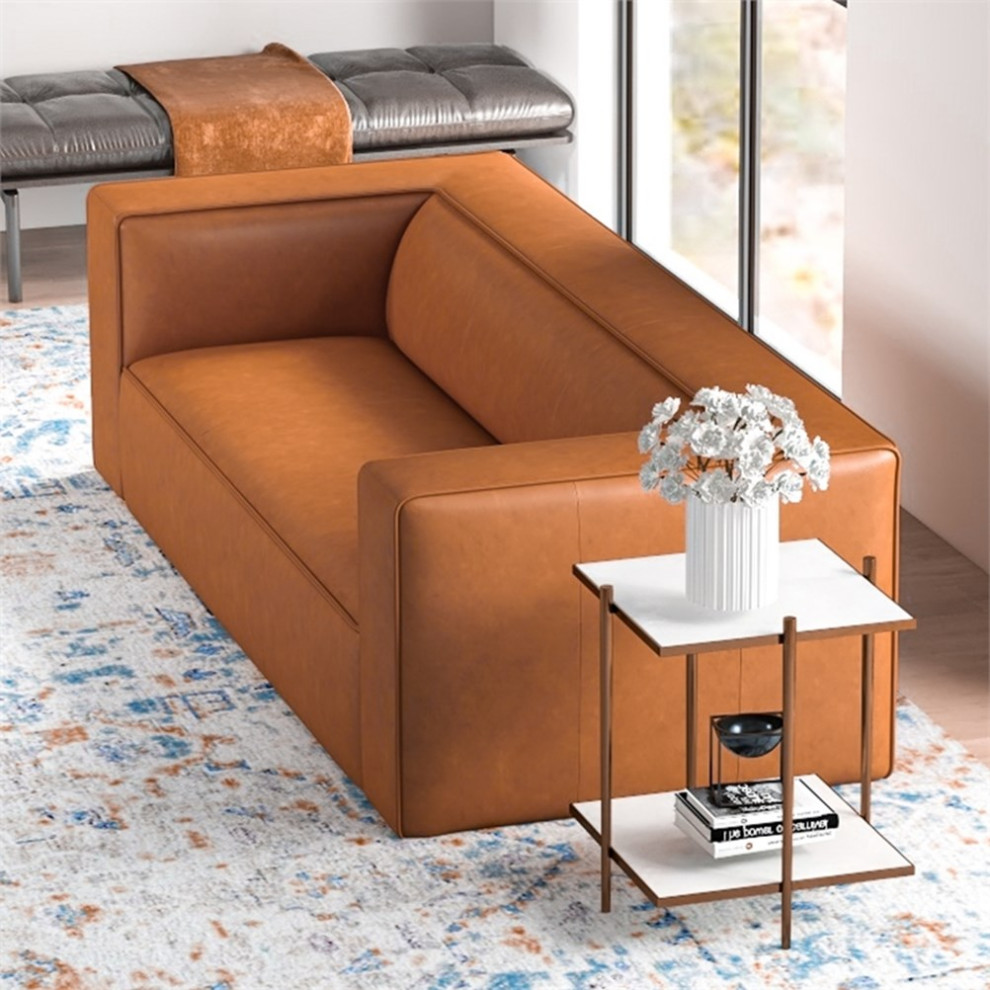 Pemberly Row 15  x27 x27Mid Century Genuine Leather Tight Back Sofa in Tan   Contemporary   Sofas   by Homesquare  Houzz