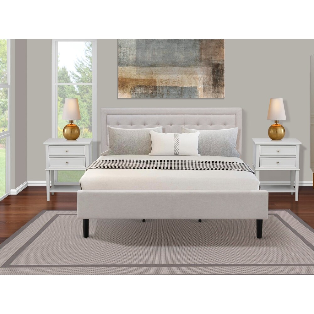 Platform King Size Bedroom Set with 1 Mid Century Bed and Night Stands   Mist Beige Linen Fabric