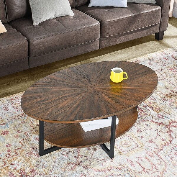 Solid Wood Oval Coffee Table with Cross Metal Legs