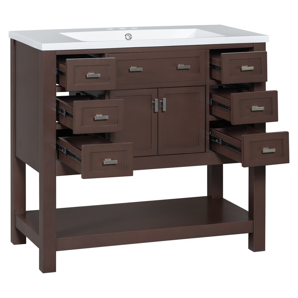 Versatile Storage Vanity Bathroom Sink Counter with 6 Drawers  Brown