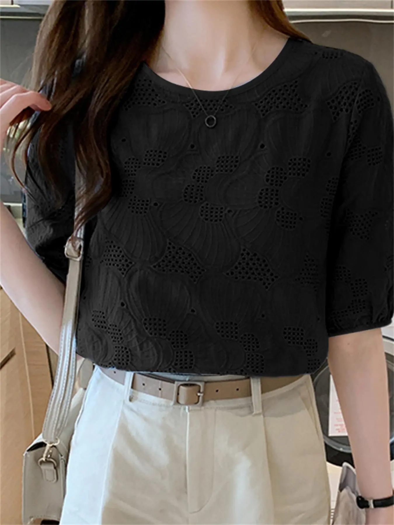 Plus Size Eyelet Embroidered Crew Neck Blouse, Elegant Short Sleeve Top For Spring & Summer, Womens Plus Size Clothing