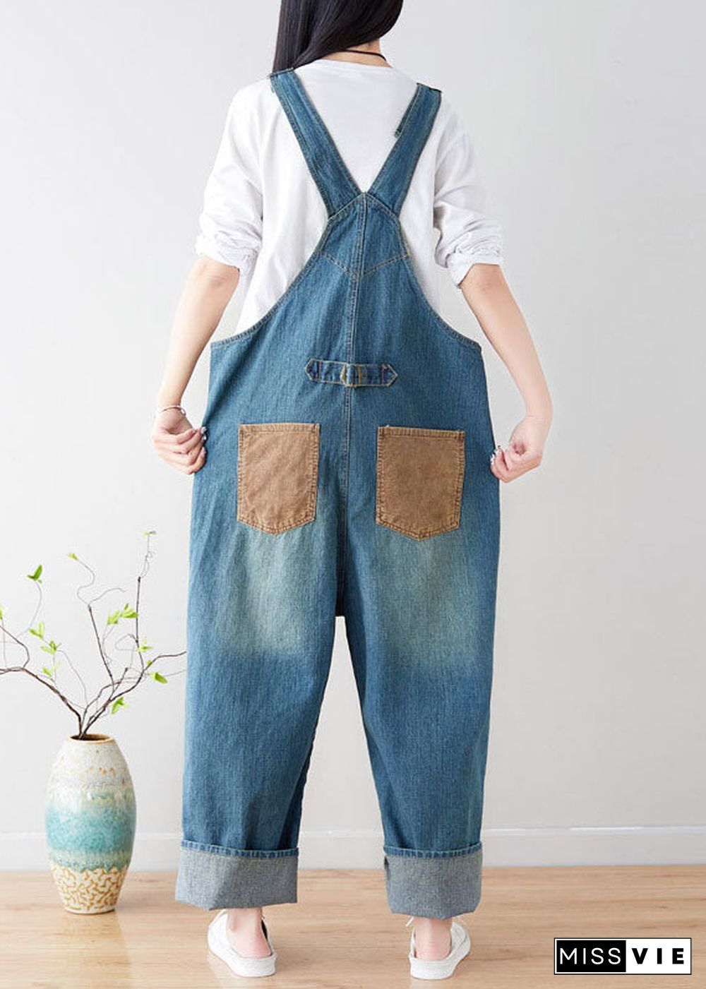 Natural Blue pockets Patchwork denim Jumpsuits Spring