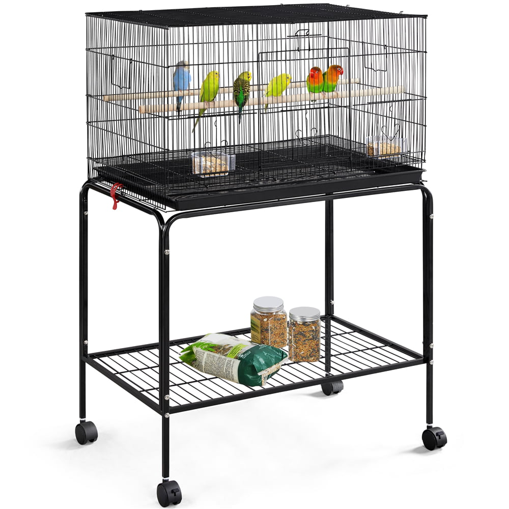 Yaheetech 47''H Flight Cage with Rolling Stand Extra Space Slide-out Tray Wood Perches， Black