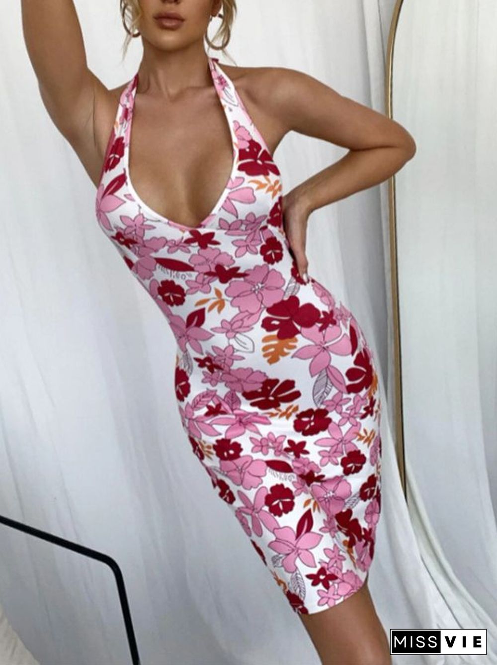 Hibiscus Garden Peony Flowers Hawaiian Floral Print V Halter Neck Bodycon Dress