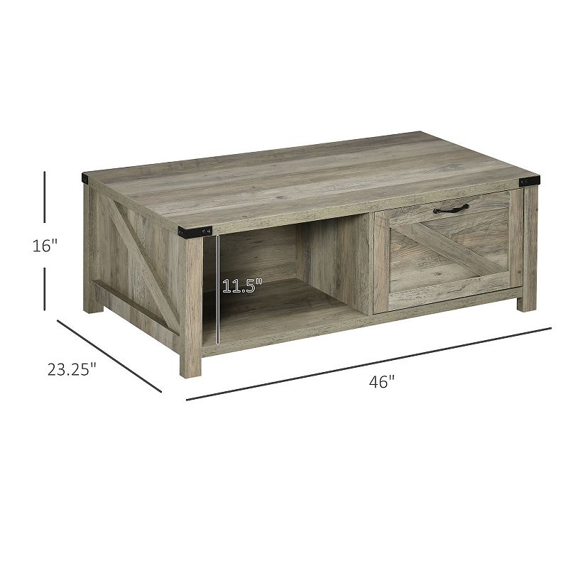 HOMCOM Farmhouse Coffee Table with Storage and Drawer， Rustic Coffee Table for Living Room， Open Shelf， Grey Oak