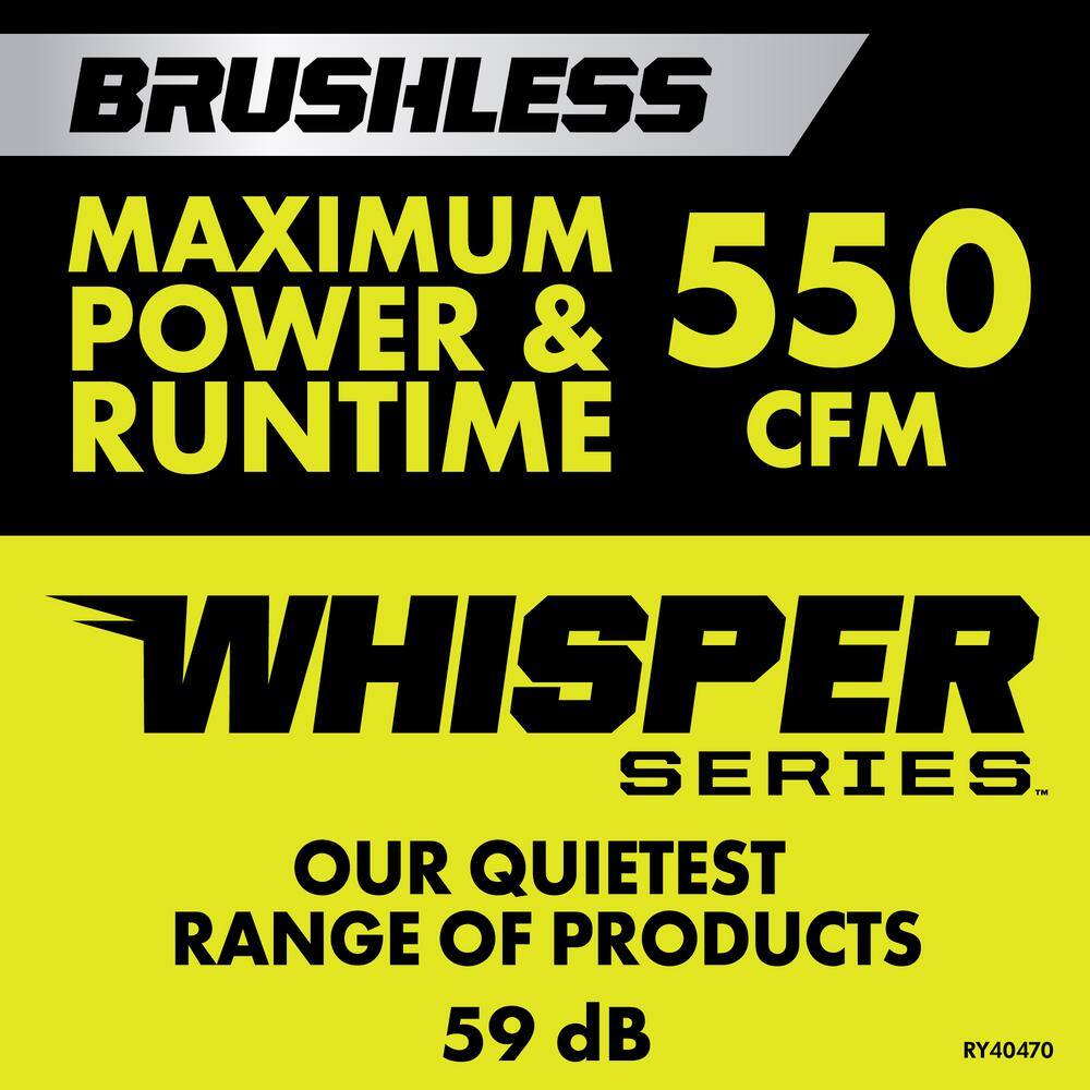 RYOBI RY40470-LB 40V Brushless 125 MPH 550 CFM Cordless Battery Whisper Series Blower and Lawn and Leaf Bag w/ 4.0 Ah Battery and Charger
