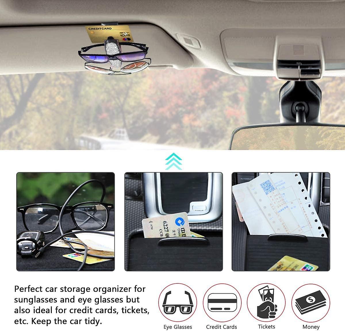 Glasses Holder For Car Visor，fashion Bling Crystal Rhinestones Car Sun Visor Glasses With Double-ended Ticket Clip Holder Accessories (silver)