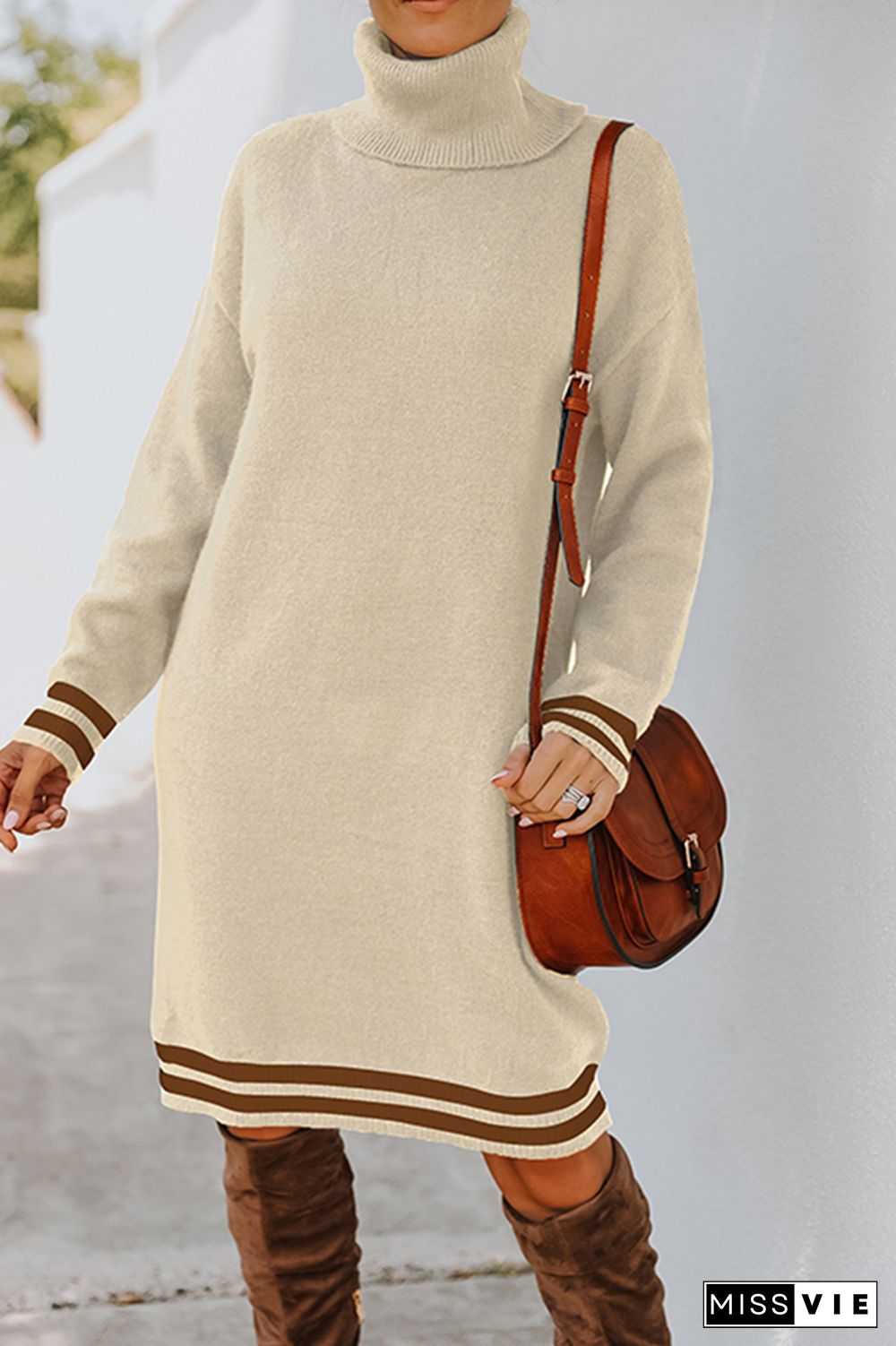 High Collar Knit Long Sleeve Sweater Dress Women Wholesale