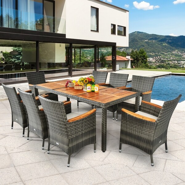 9 PCS Patio Rattan Dining Set Garde Wood and Wicker Furniture Set