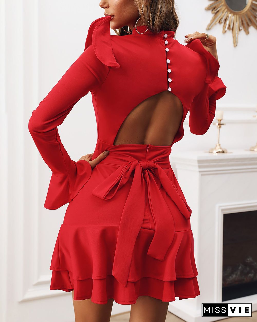 Solid Backless Ruffle Long Sleeve Dress P14905