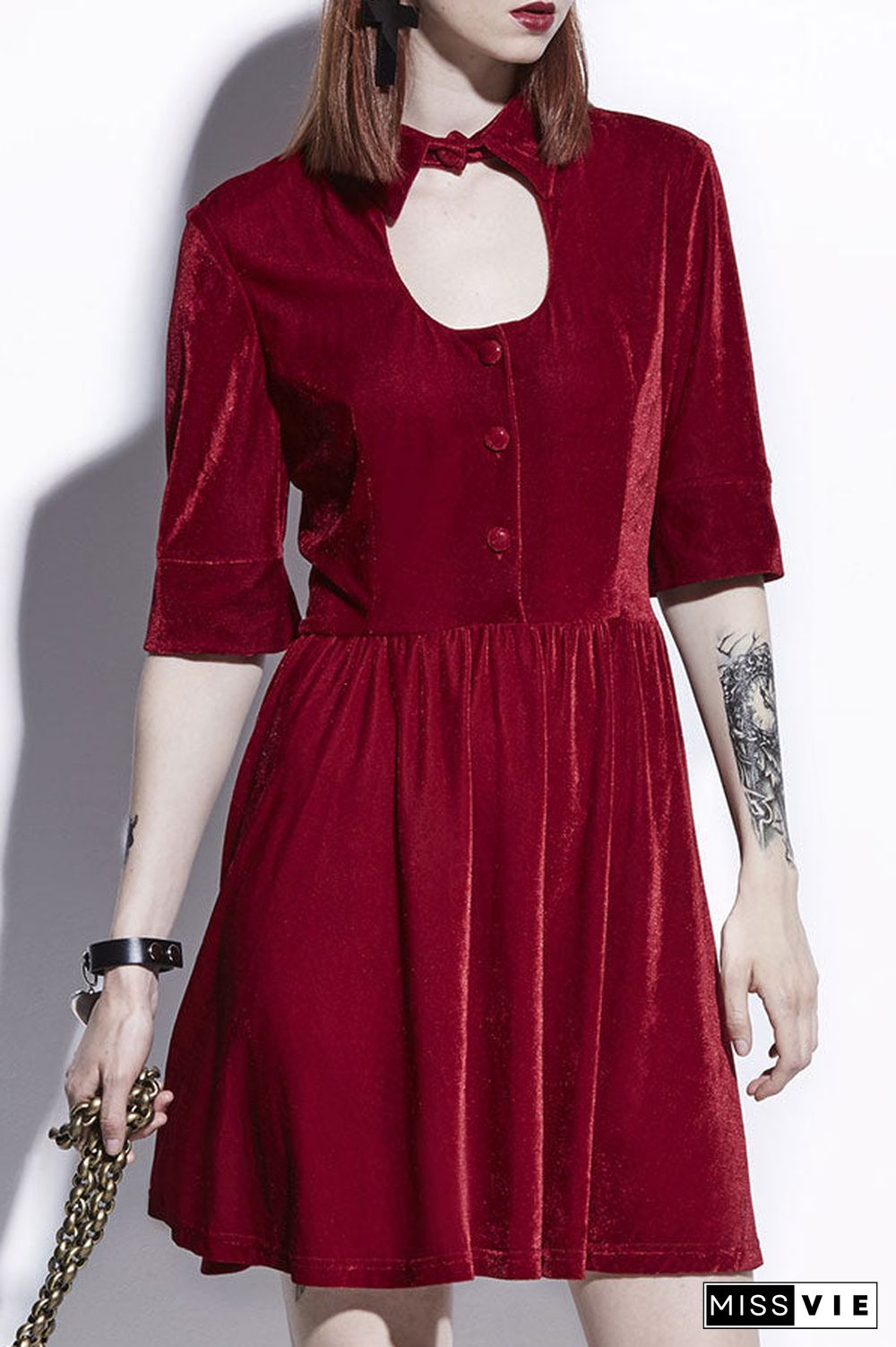 Red Velvet Buttoned A-line Dress