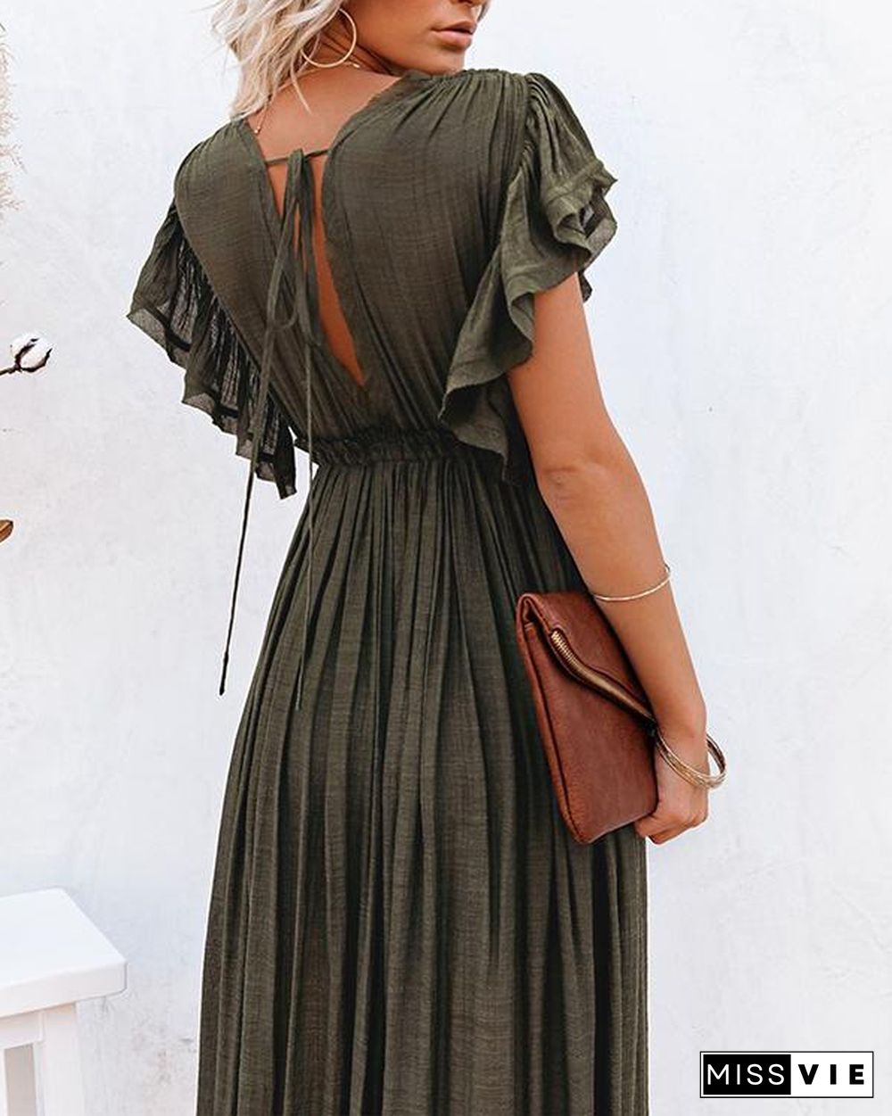 Women Long Maxi Dress Solid V neck Ladies Holiday Dress