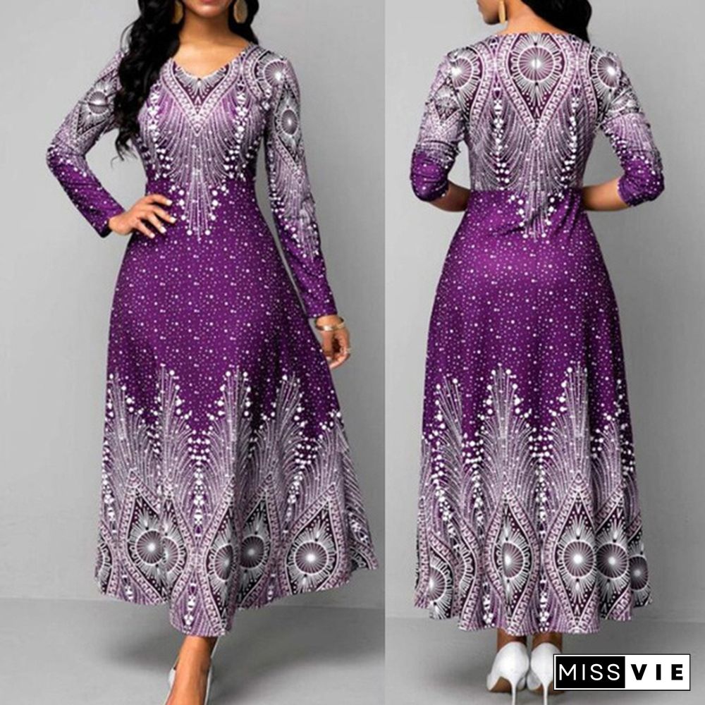 V-neck Retro Print Long-sleeved Dress Spring and Autumn Women's Clothing