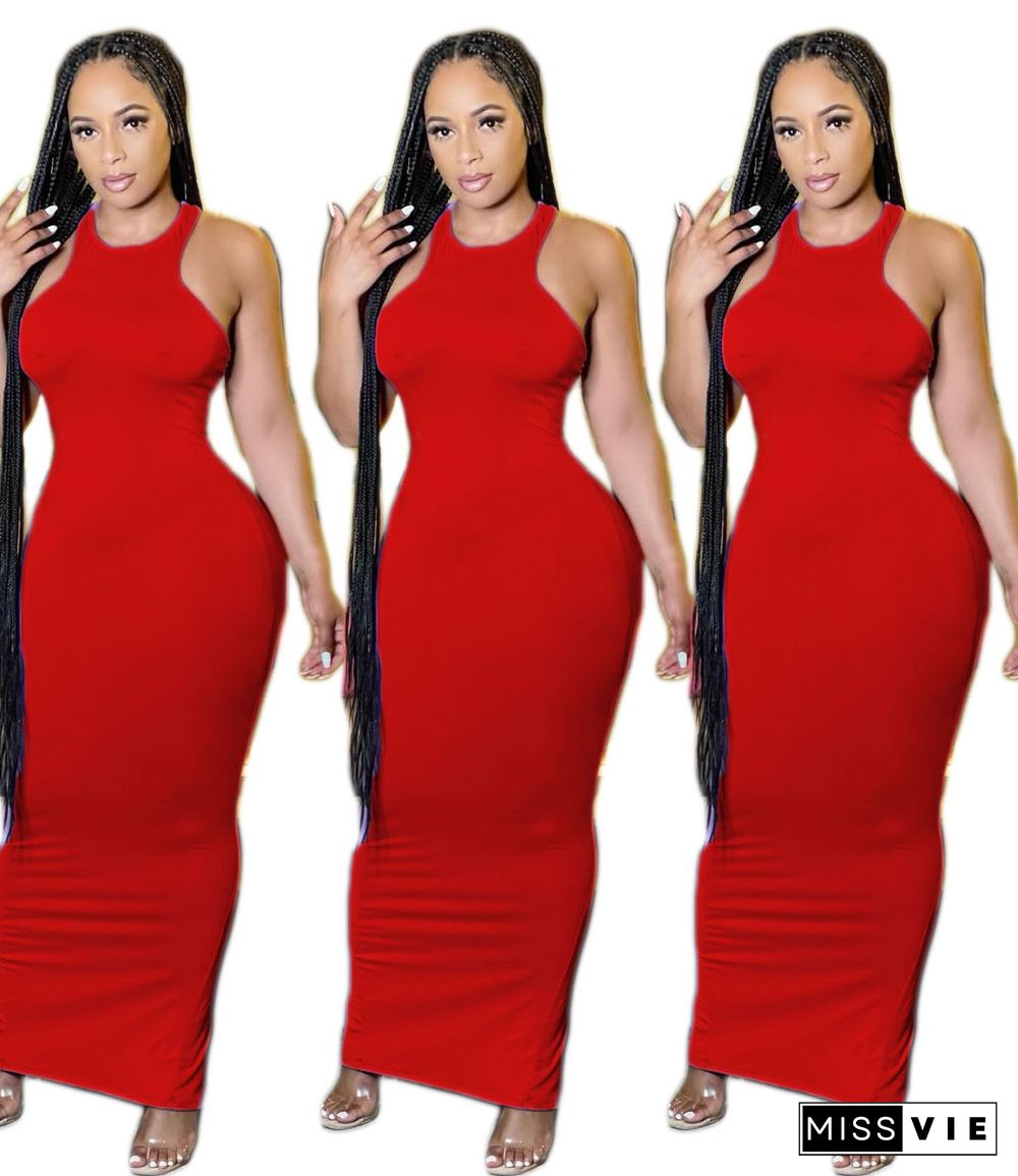 Fashion Solid Color Sleeveless O-Neck High Waist Summer Party Clubwear Outfit Bodycon Long Dress