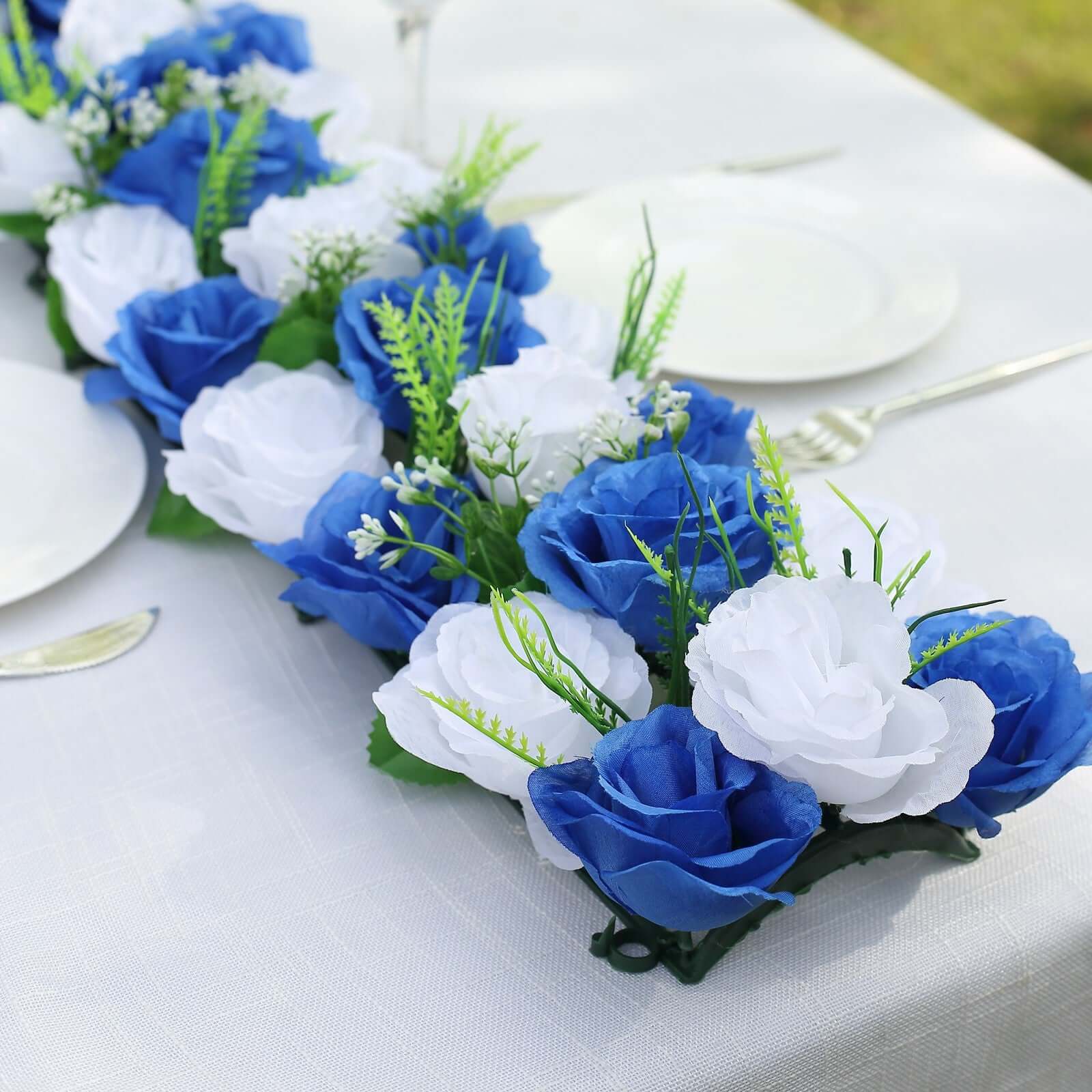 6 Pack White Royal Blue Silk Rose Flower Panel Table Runner, Artificial Floral Arrangements Dining Table Decor - 20