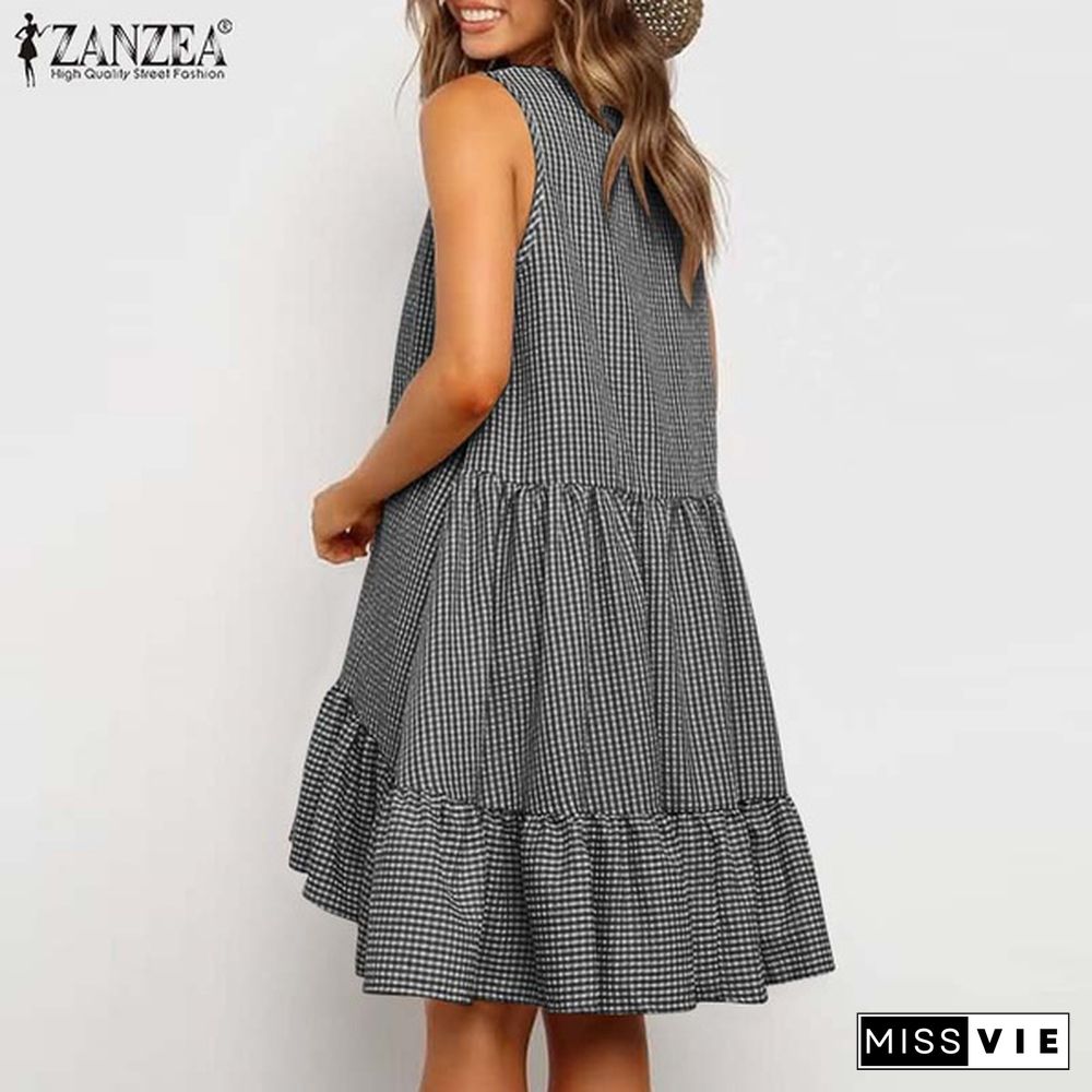 Women Fashion Mini Shirt Dress Crew Neck Ladies Holiday A-Line Grid Check Tiered Sundress