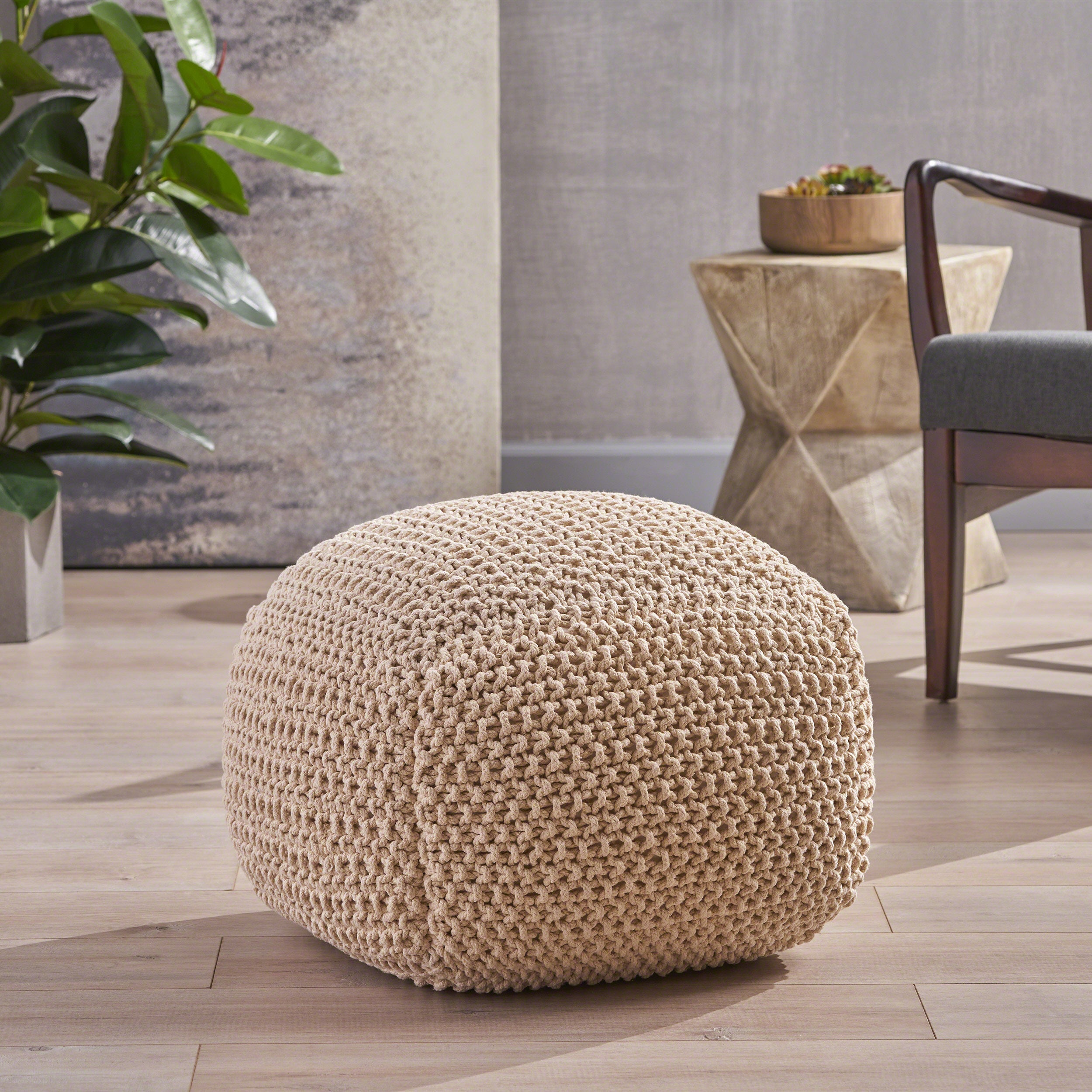 Knox Modern Boho Hand-Knitted Cotton Thread Pouf Foot Stool