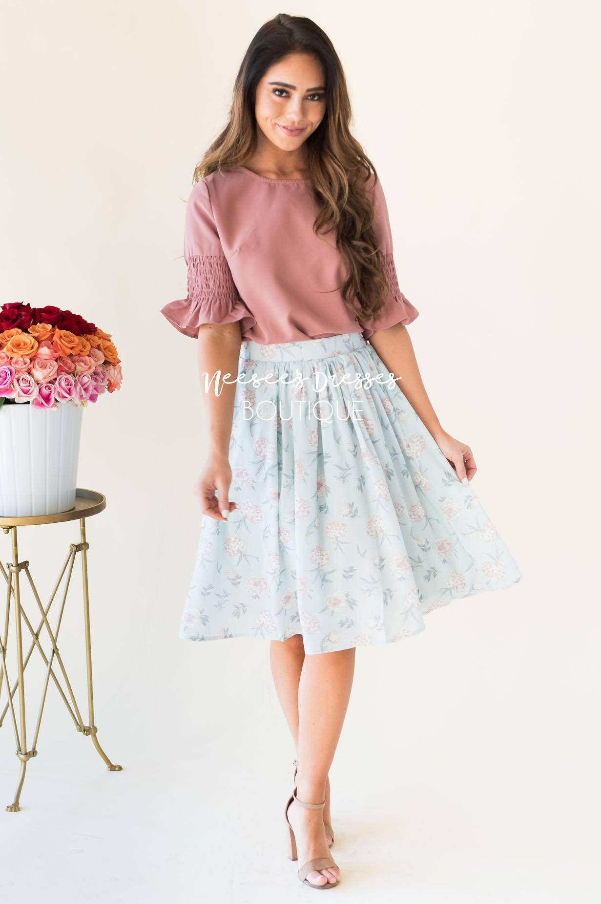 Pastel Blue Floral Chiffon Skirt