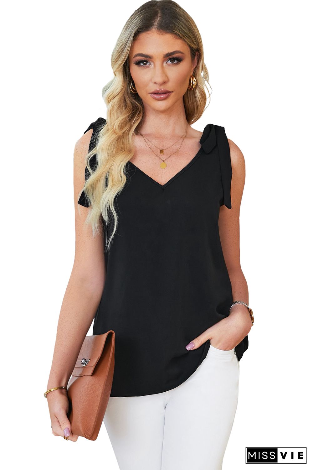 Black Tie On Shoulder V Neck Tank Top