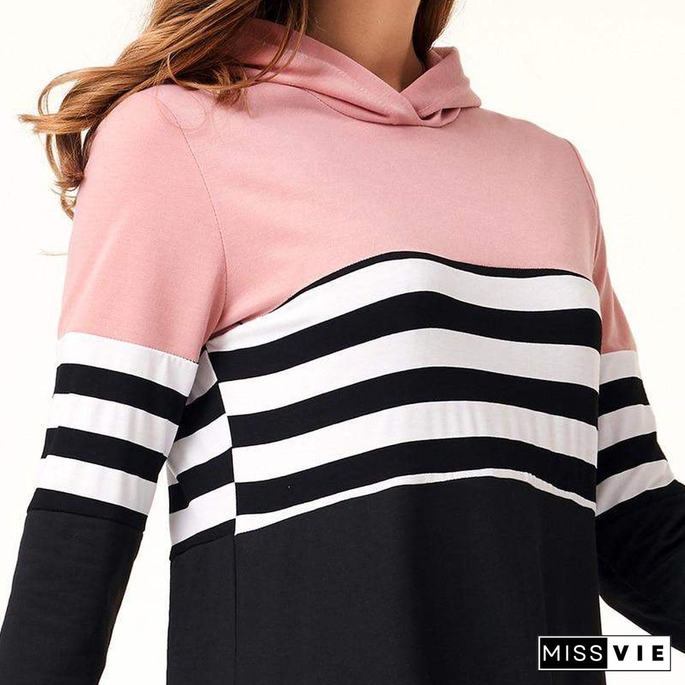 Women Hoodie Dresses Long Sleeve Striped Patchwork