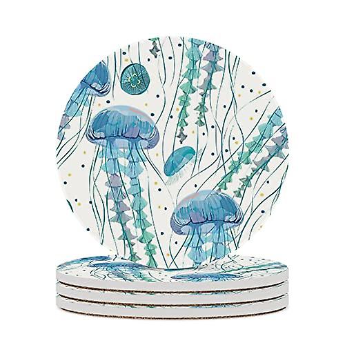 Round Drink Coasters 2 Pcs Transparent Jellyfish Absorbent Ceramic Coaster With Cork Base For Coffee Cups Housewarming Gift For Home Decor