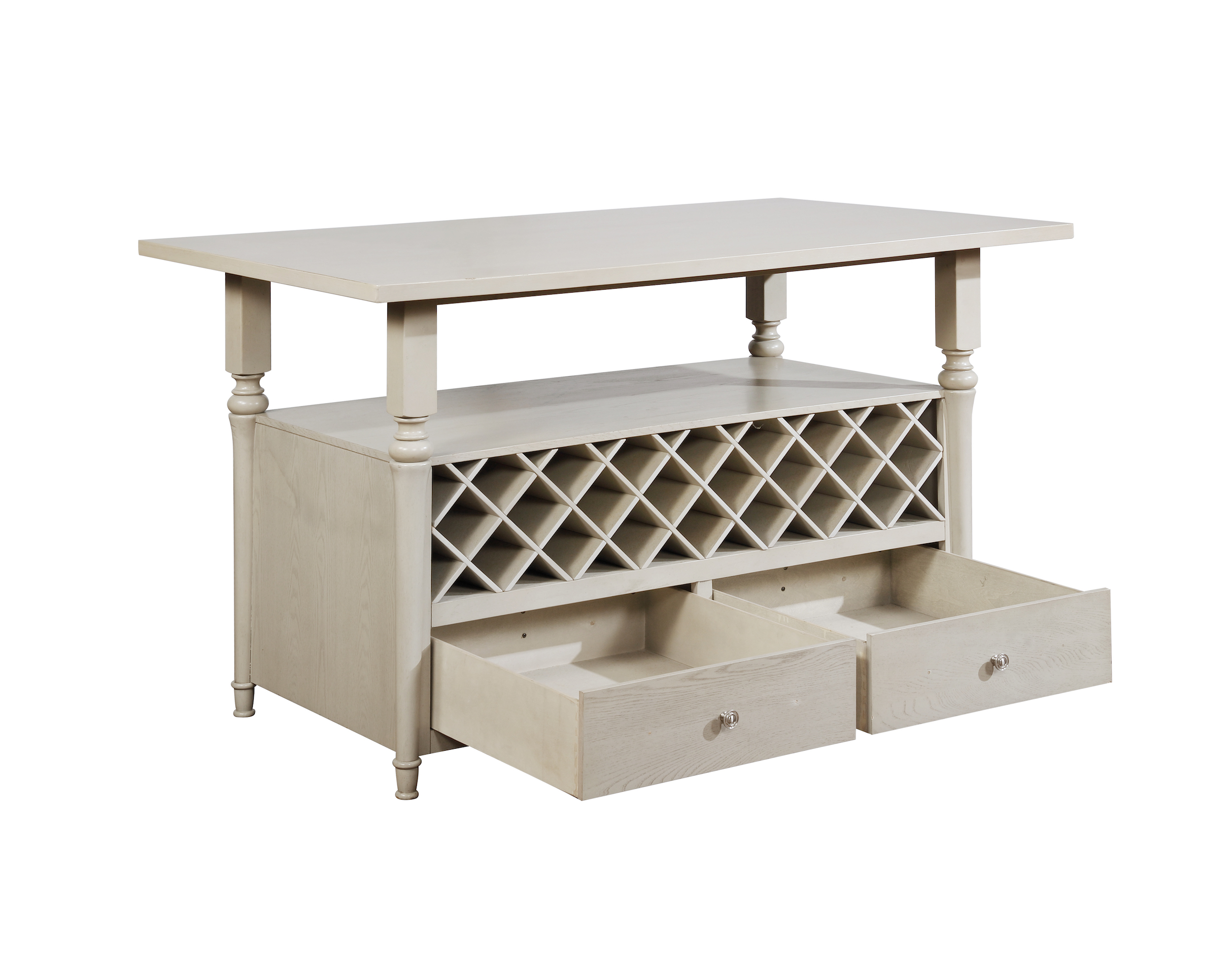 Hayes Farmhouse Kitchen Island Table with 22 Bottle Wine Storage in Cream