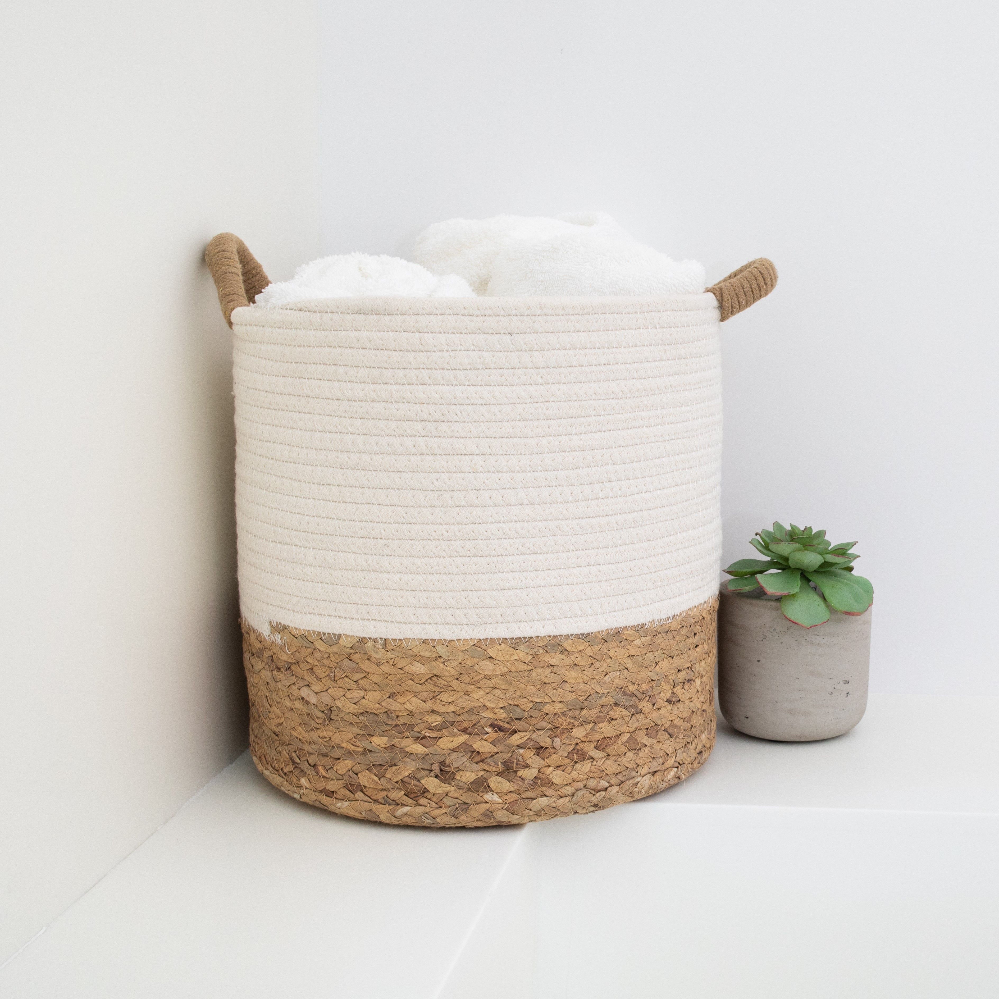 Set of 2 Round Storage Basket, Braided Seagrass & Cotton Rope (MD+SM), Natural & White