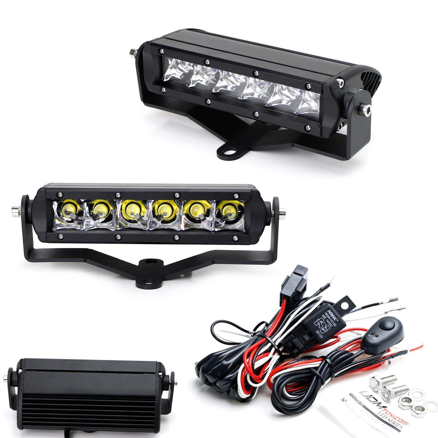 iJDMTOY Hood LED Light Bar Kit Compatible With Jeep 2007-up Wrangler JK/JL， Includes (2) 30W High Power CREE LED Lightbars， Hood Hinge Mounting Brackets and On/Off Switch Wiring Kit