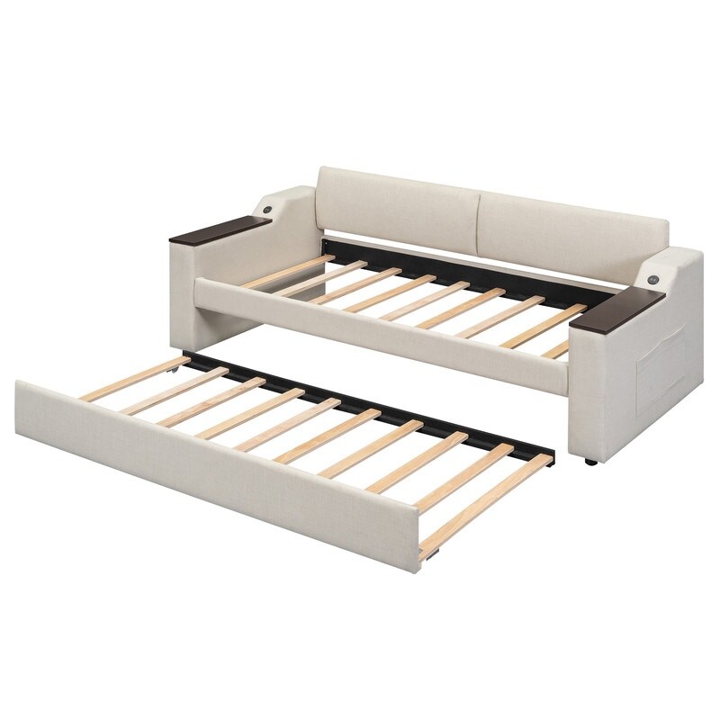 Twin Size Upholstery Daybed with Trundle and USB Design and Storage Arms Sofa Bed